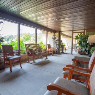 A serene waiting area featuring wooden chairs and abundant greenery, bathed in natural light.