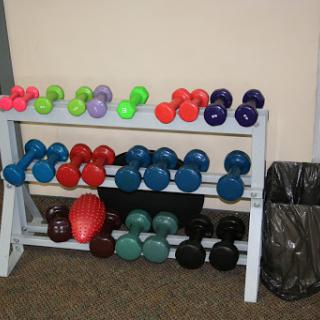 A variety of colorful dumbbells organized on a rack, ready for workout sessions.