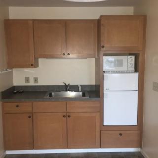 A compact kitchen with wooden cabinets, a sink, and built-in appliances including a microwave and refrigerator.