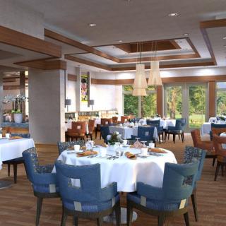 A modern restaurant interior with neatly arranged tables and chairs, illuminated by natural light through large windows.