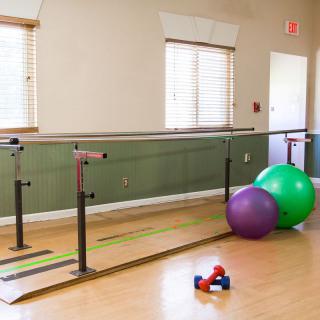 A rehabilitation room featuring parallel bars, exercise balls, and light weights for physical therapy.