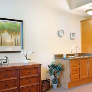A cozy interior with wooden cabinets, a dresser, and decorative elements including a framed artwork and a potted plant.