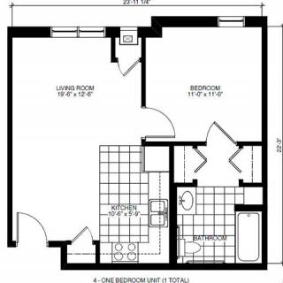 Floor plan of a one-bedroom apartment.