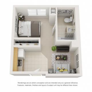 3D floor plan of a one-bedroom apartment layout with living room, kitchen, and bathroom.