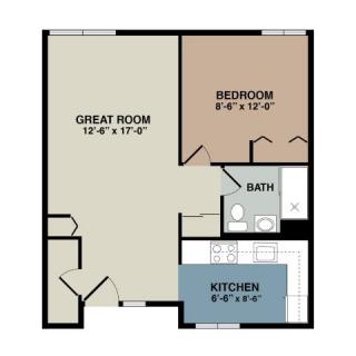 A floor plan of a one-bedroom apartment, featuring a great room, kitchen, and bathroom.
