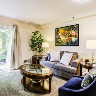 A cozy living room with modern furniture and decor.
