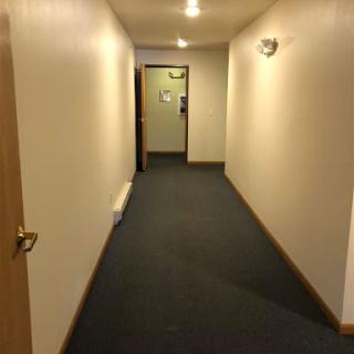A view of a long, brightly lit hallway featuring neutral walls and a carpeted floor.