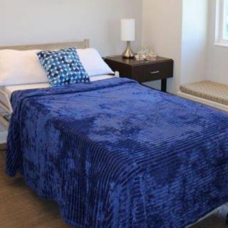 A neatly made bed with a blue blanket and a decorative pillow in a cozy bedroom setting.