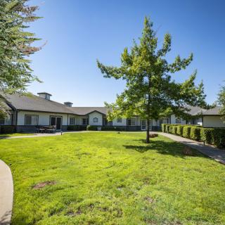 A view of a building with a well-maintained lawn and a tree under a clear blue sky.