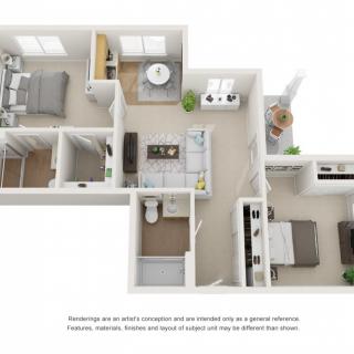 A 3D floor plan of a two-bedroom apartment showcasing the layout of rooms including a kitchen, living room, and bathroom.