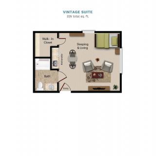 A floor plan of a vintage suite measuring 420 square feet, featuring a living area, bathroom, and walk-in closet.