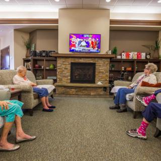 A group of senior citizens sitting in a comfortable living room, watching television together.