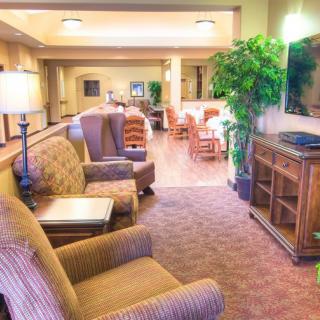 A cozy living room with comfortable seating, a television, and indoor plants.
