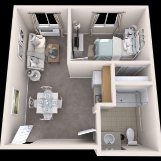 3D floor plan of a compact one-bedroom apartment with a living room, kitchen, and bathroom.