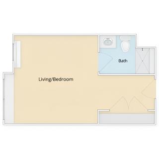 A floor plan of a studio apartment featuring a combined living and bedroom area with an adjacent bathroom.
