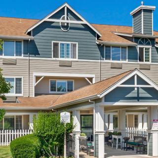 A suburban residential building with a distinct architectural style.