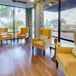 A modern waiting area with comfortable yellow chairs and large windows providing ample natural light.