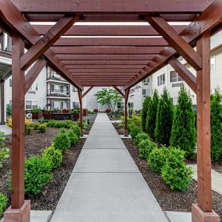 A picturesque wooden pergola over a walkway surrounded by lush greenery and well-maintained landscaping.