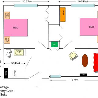 Floor plan of an assisted living suite with two bedrooms, a bathroom, and a living area.