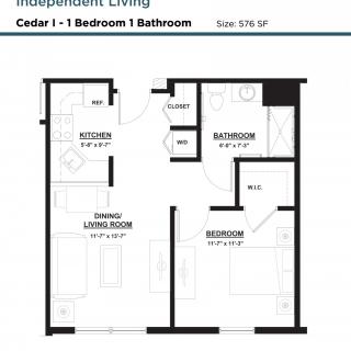A floor plan for a Cedar I apartment with 1 bedroom and 1 bathroom, featuring a living/dining area and kitchen.