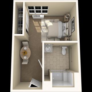 A 3D floor plan of a compact studio apartment with a bedroom, bathroom, and small dining area.