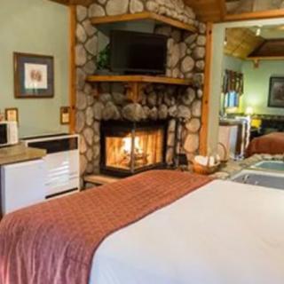 A cozy bedroom with a rustic stone fireplace and comfortable furnishings.