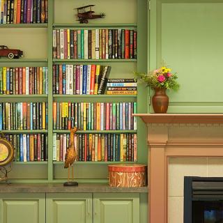 A cozy library corner featuring a green bookshelf filled with books and adorned with decorative items like a vase of flowers, next to a fireplace.