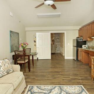 A modern open-concept living space with a sofa, dining table, and kitchen area featuring wood flooring and a ceiling fan.