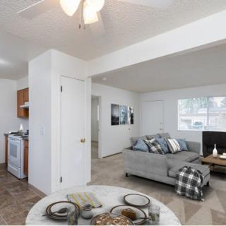 A modern open-plan living space featuring a cozy sofa, coffee table, and adjacent kitchen and dining areas.