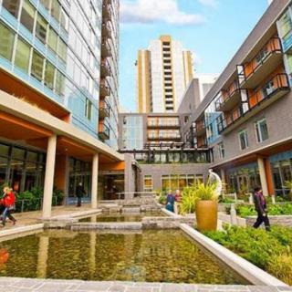 A modern urban area with contemporary architecture, featuring a pedestrian walkway and water feature.