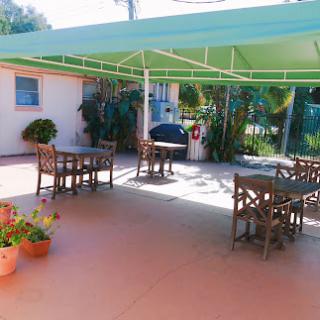 A cozy outdoor patio area with tables and chairs under a green canopy, surrounded by potted plants.