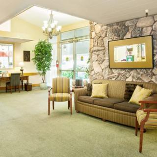 A cozy living room with a vintage style, featuring a stone wall, soft carpet, and comfortable seating.