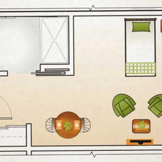 A simple floor plan with a single bedroom, living area, and dining space.