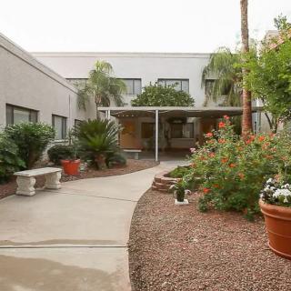 A serene courtyard featuring a garden with various plants and a pathway leading to the building entrance.