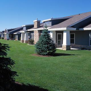 A row of modern single-story homes with manicured lawns under a clear blue sky.
