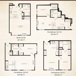 A collection of floor plans for different apartment layouts, including studio, one-bedroom, and two-bedroom options.