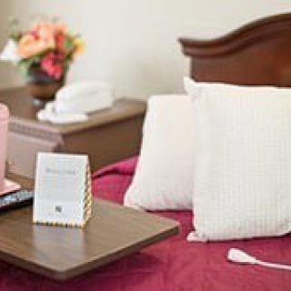 A cozy bedroom setup featuring pillows, a flower arrangement, and decorative elements.