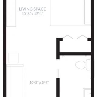 A floor plan showing the layout of a small apartment with living space and bathroom.