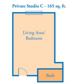A floor plan of a Private Studio C with a total area of 165 square feet, featuring a combined living and bedroom area along with a bathroom.