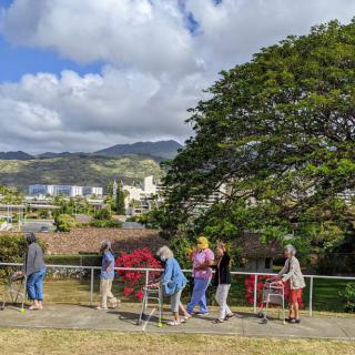 A group of people walking along a path in a park with mountains and trees in the background.