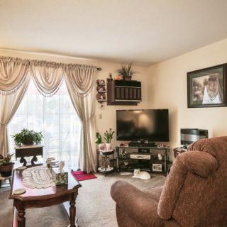 Cozy living room with decorative curtains, a large TV, and indoor plants.
