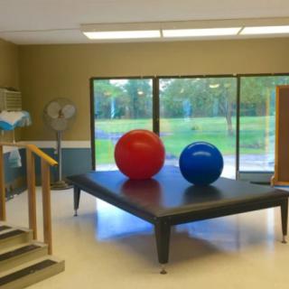 A physical therapy room featuring a table with red and blue exercise balls.