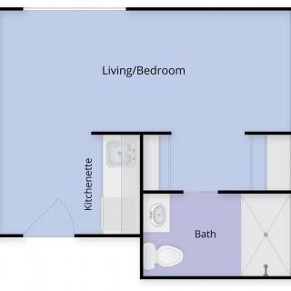 Studio apartment floor plan with a combined living and bedroom area, kitchenette, and bathroom.