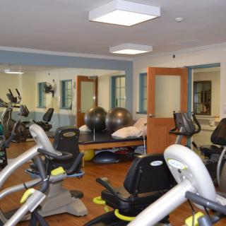 A well-equipped gym with treadmills, stationary bikes, and exercise balls.