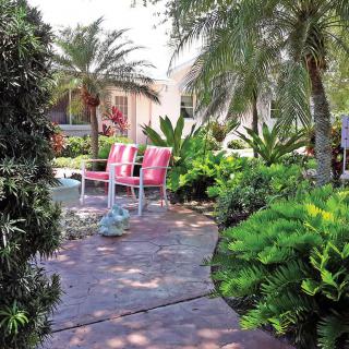 A serene garden setting with tropical foliage and pink outdoor chairs along a paved pathway.