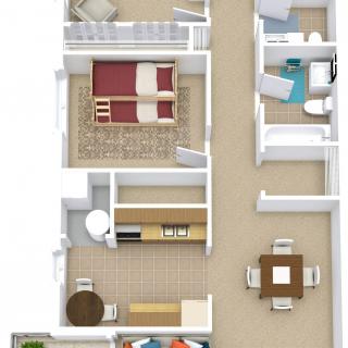 A detailed floor plan of a one-bedroom apartment showcasing the layout with a kitchen, dining area, living room, bedroom, and bathroom.