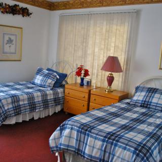 A cozy bedroom with two twin beds featuring plaid bedding, a dresser, and a lamp by the window.