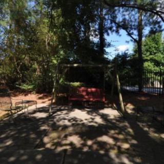A peaceful garden swing surrounded by trees, offering a shaded retreat on a sunny day.