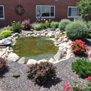 A serene garden pond surrounded by vibrant flowers and lush greenery.