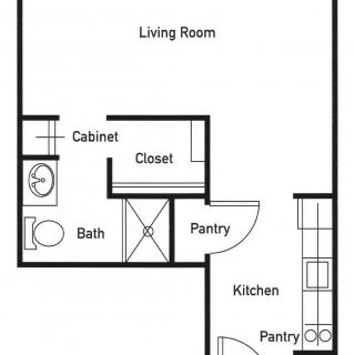 A simple apartment floor plan featuring a living room, kitchen, bathroom, closet, and pantry.